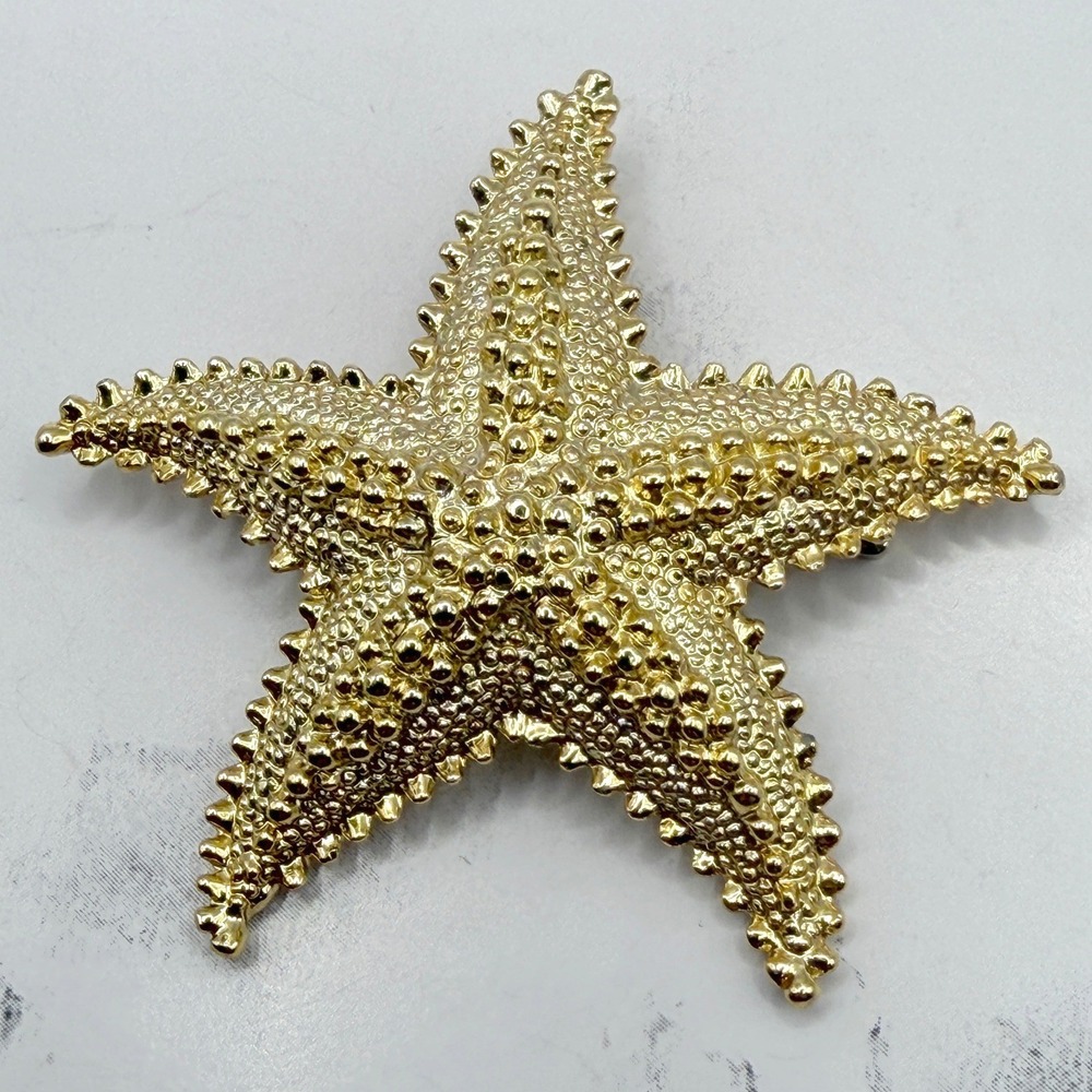 Gold Starfish Brooch Large Textured‎ Sea Star Nautical Beach Jewelry